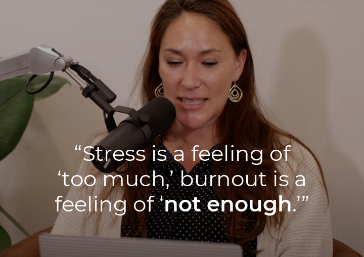 Lana Seiler speaking into a podcast microphone with a text overlay: 