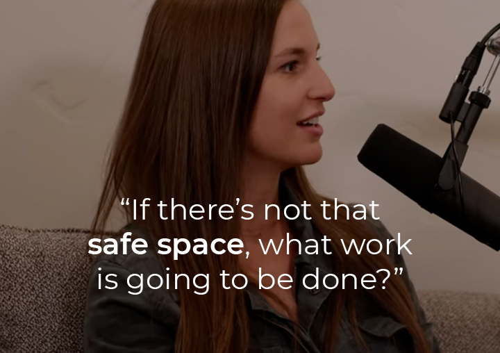 Laura Tucker speaking into a podcast microphone with a text overlay: 