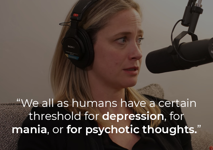 Dr. Kate Daly speaking into a podcast microphone with a text overlay: 