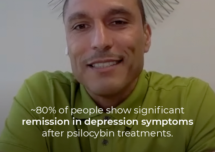 Anthony Gonzalez speaking during a Zoom interview with a text overlay: ~80% of people show significant remission in depression symptoms after psilocybin treatments.