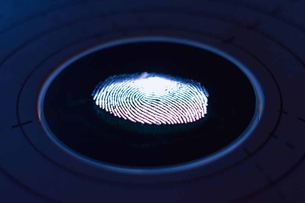 A black circular plate with an iridescent fingerprint.