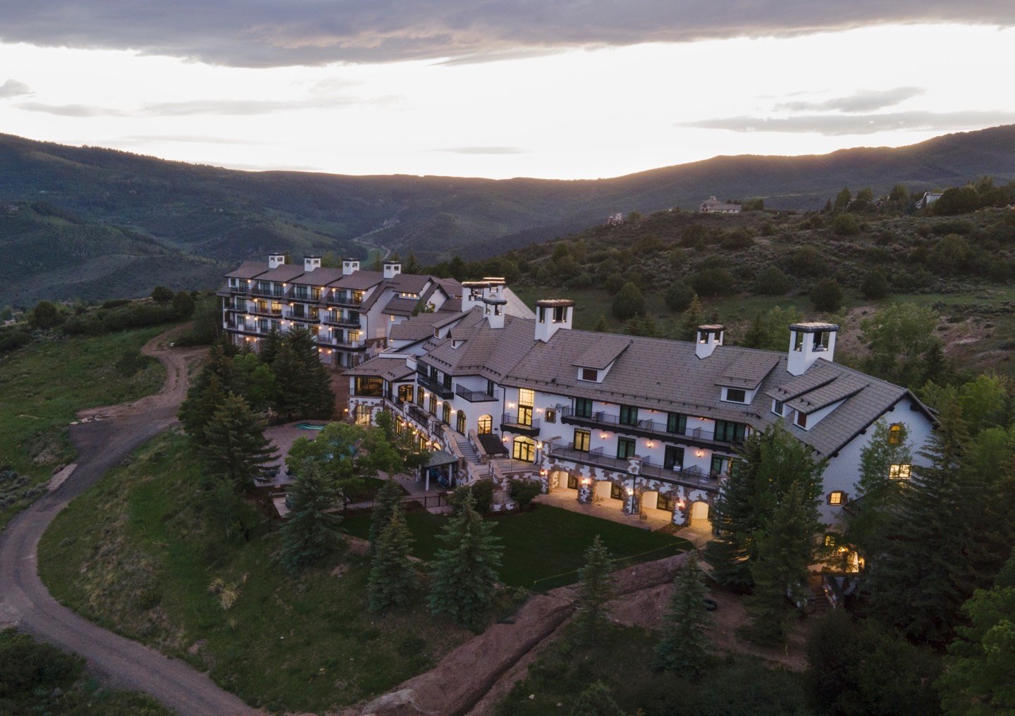 Aerial view of the All Points North Lodge at sunset