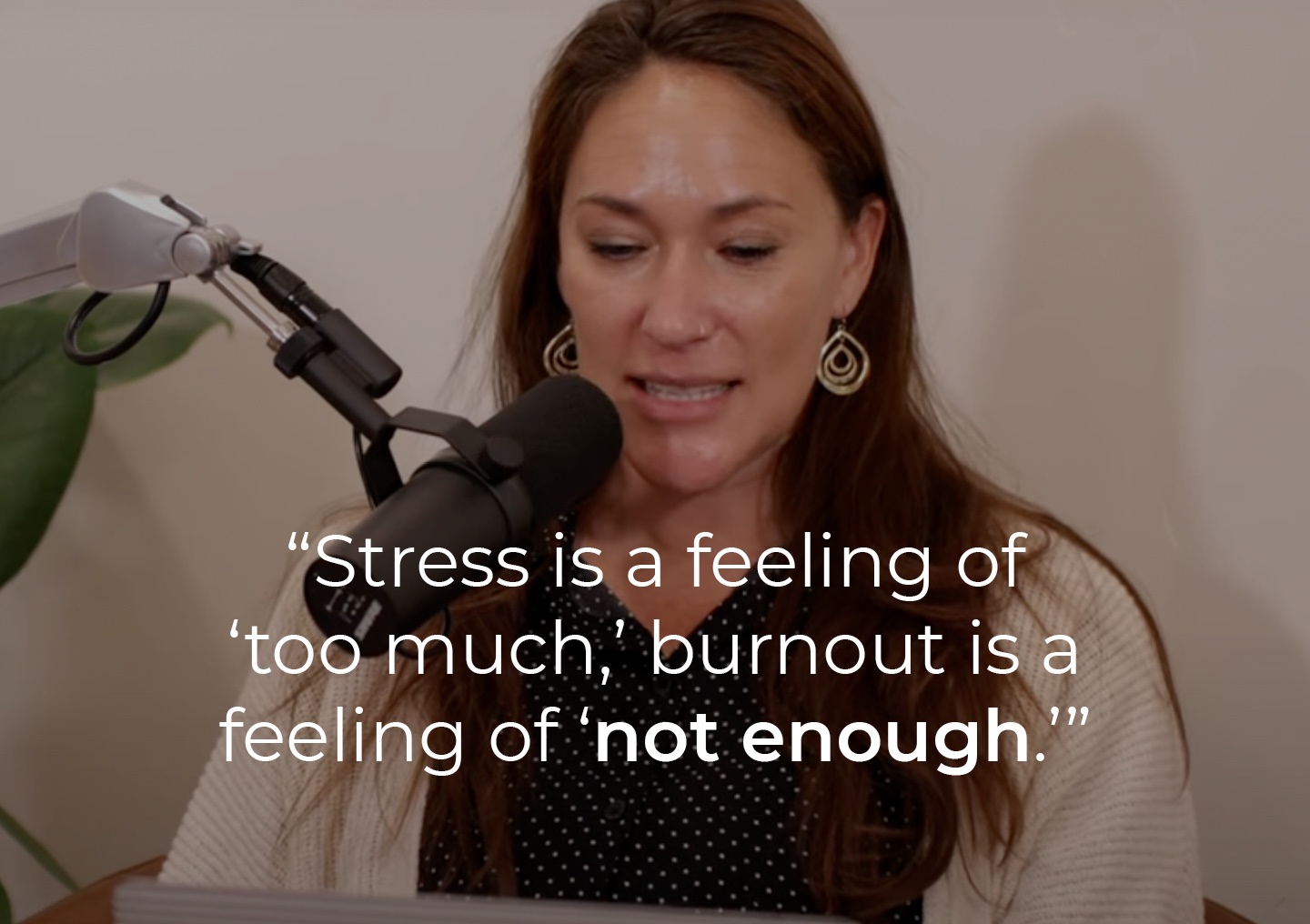 Lana Seiler speaking into a podcast microphone with a text overlay: