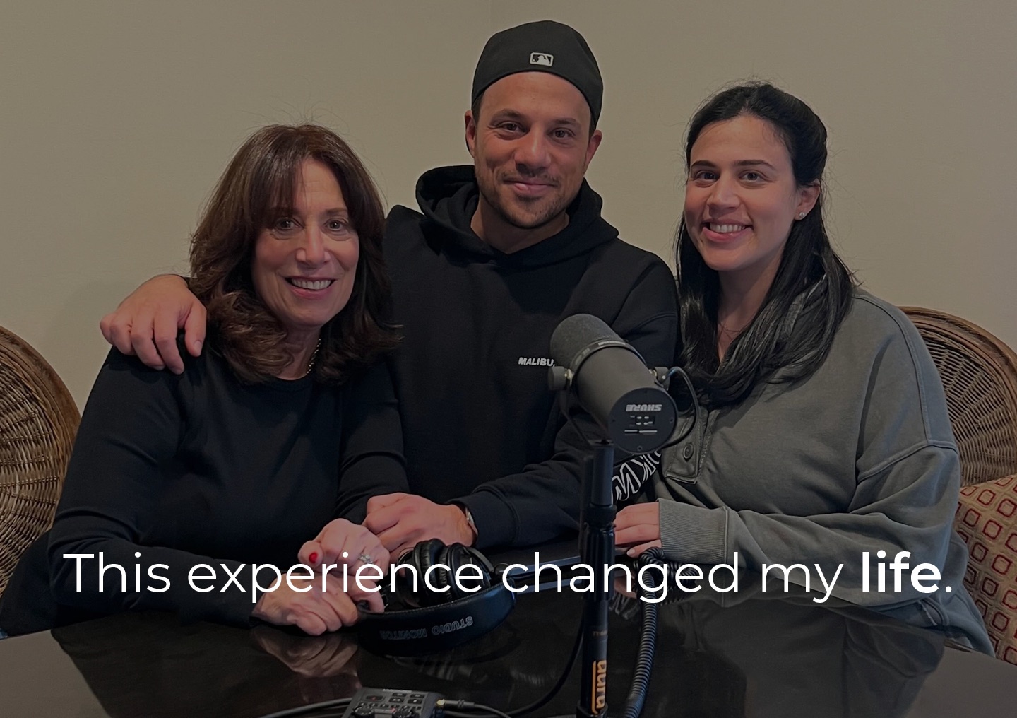 A family photo of Dan Brody with his mom, Debbie, and sister, Perri. The text overlay reads,