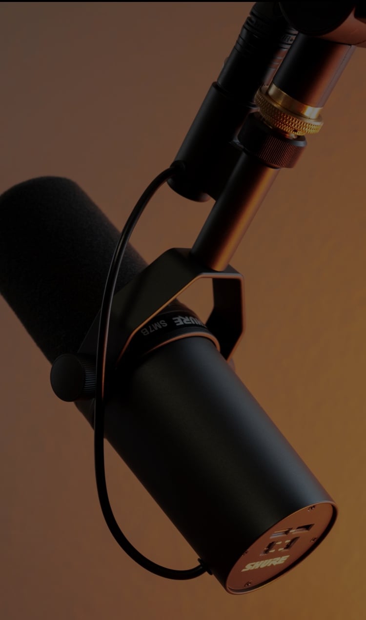A close up image of a podcast microphone.