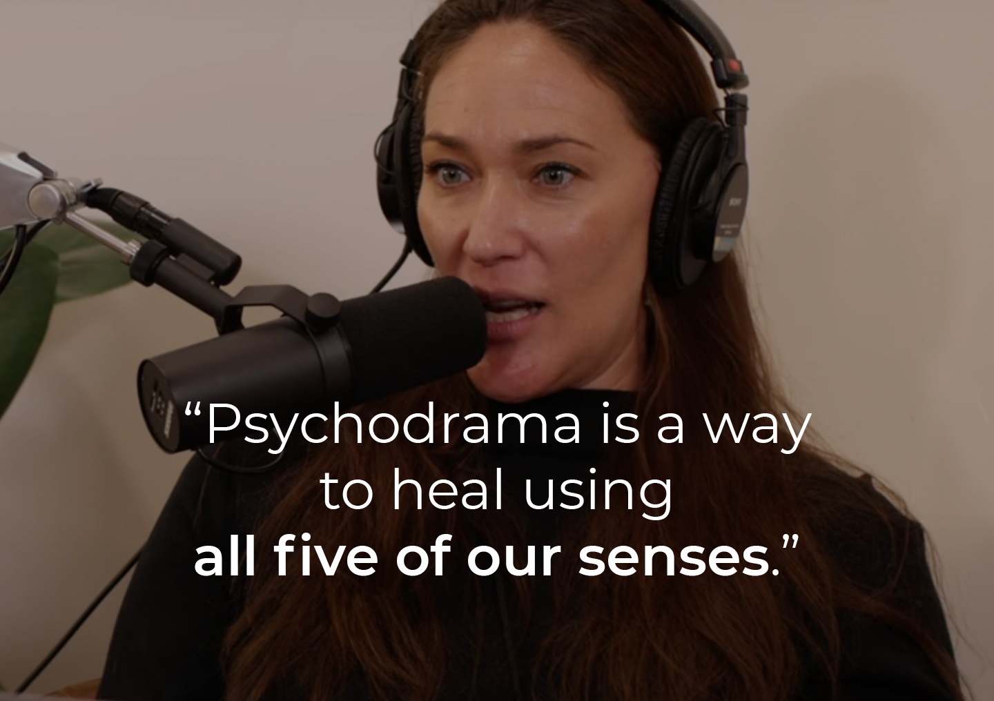 Lana Seiler speaking into a podcast microphone with a text overlay: