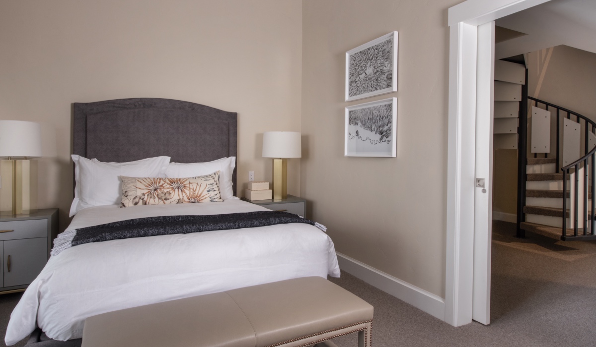 Bedroom next to spiral staircase