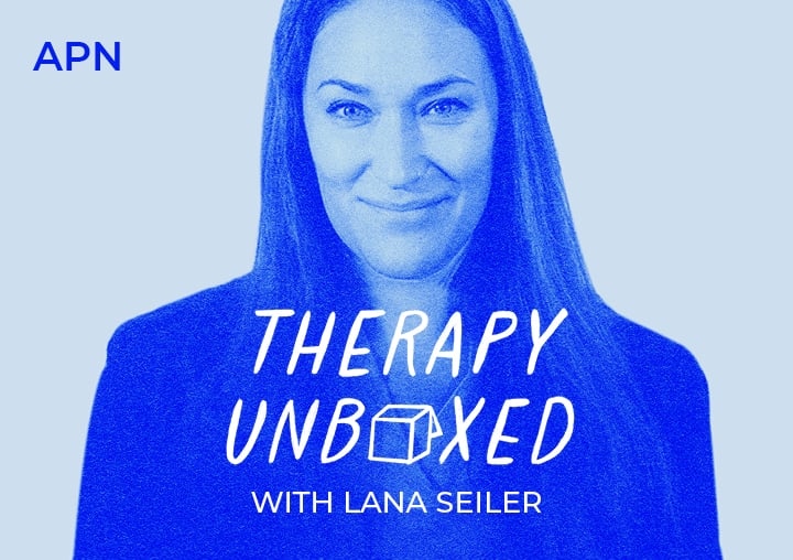 A blue duotone image of Lana Seiler with a text overlay: Therapy Unboxed with Lana Seiler