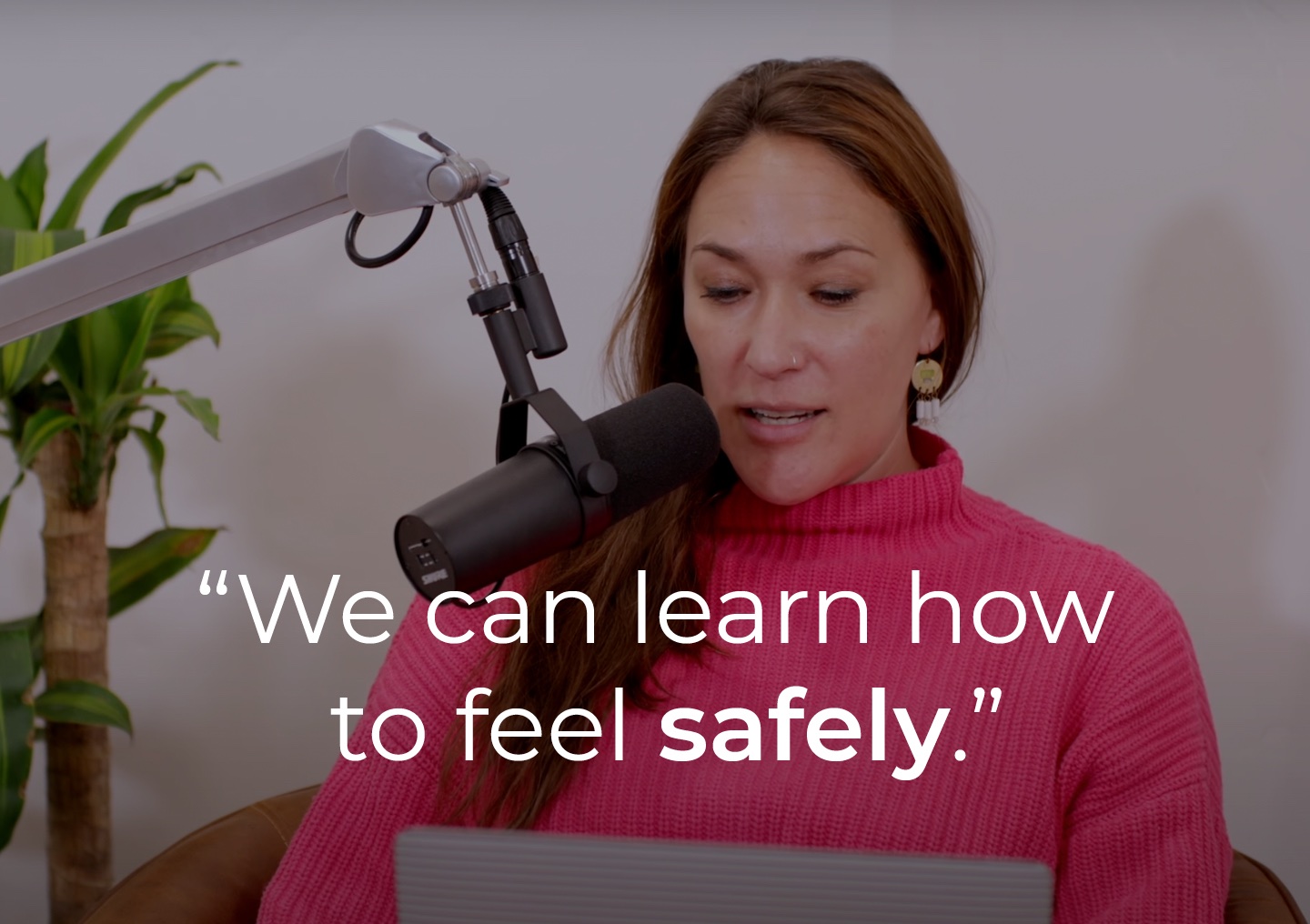 Lana Seiler in a pink shirt speaking into a podcast microphone with a text overlay: