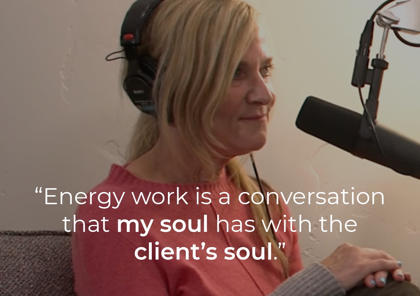 Annie Richards speaking into a podcast microphone with a text overlay:
