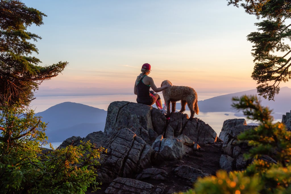 A woman and her dog sit atop a mountain after a hike.