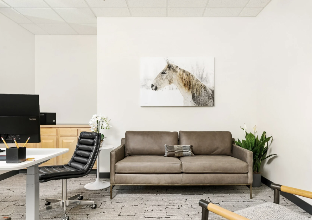 Office common area featuring a comfortable brown sofa, a black office chair, and a horse painting on the wall, designed for the Intensive Outpatient Program at All Points North in Boulder, Colorado.