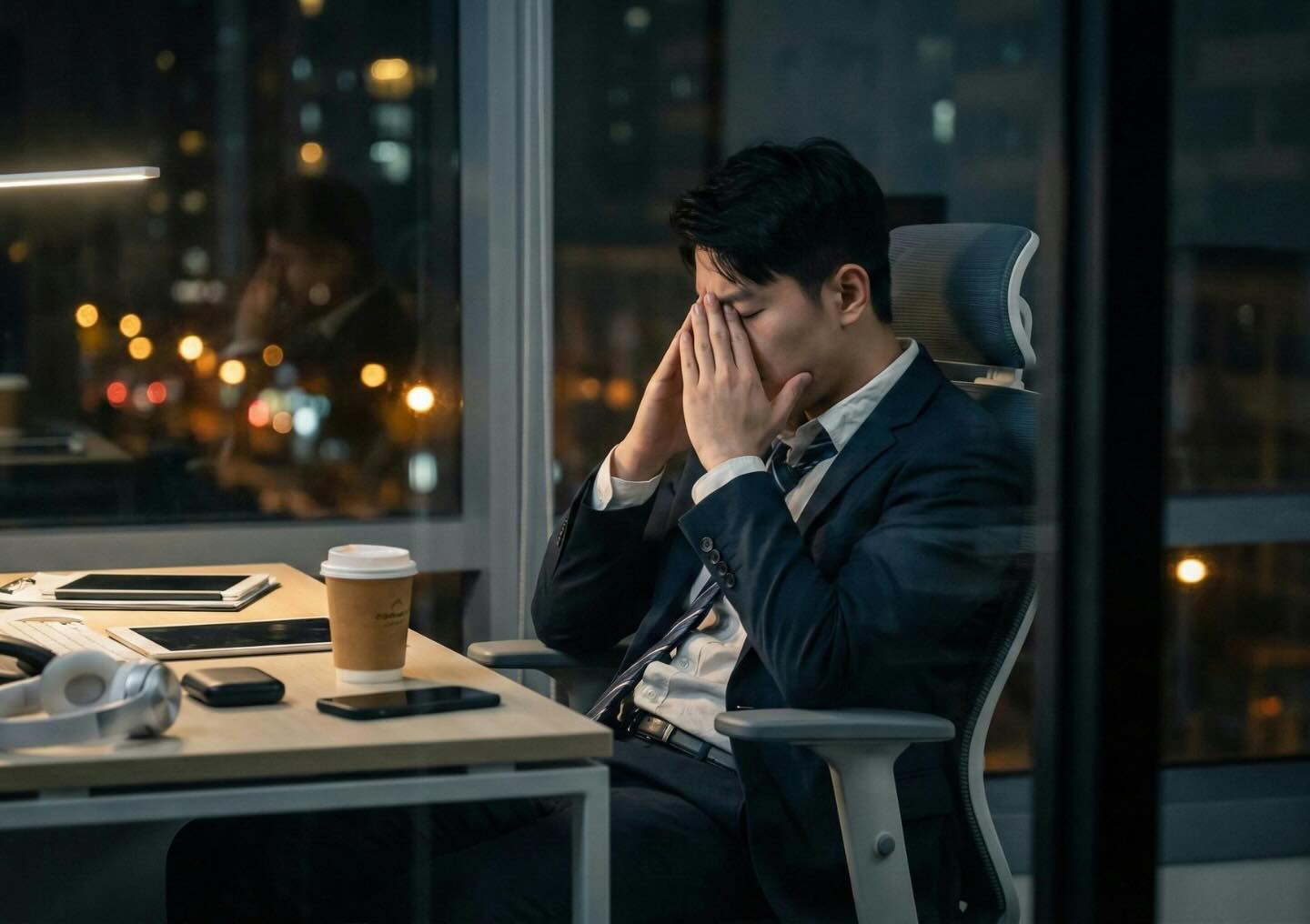 A business professional sits in his office with his head in his hands, visibly struggling with anxiety.